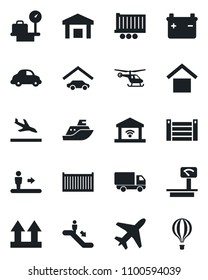 Set of vector isolated black icon - plane vector, arrival, escalator, helicopter, luggage scales, sea shipping, truck trailer, cargo container, car delivery, warehouse storage, up side sign, heavy