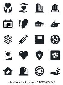 Set of vector isolated black icon - office building vector, heart, syringe, hand, network, protect, brightness, fingerprint id, copybook, house with garage, pond, smart home, snowflake, calendar