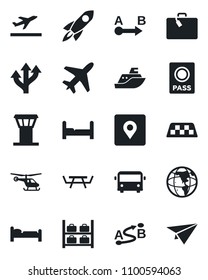 Set of vector isolated black icon - plane vector, airport tower, taxi, departure, suitcase, bus, passport, bed, helicopter, luggage storage, picnic table, route, sea shipping, place tag, bedroom