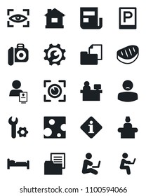 Set of vector isolated black icon - parking vector, reception, bed, manager place, house, patient, folder document, camera, root setup, news, steak, cheese, eye scan, information, man with notebook