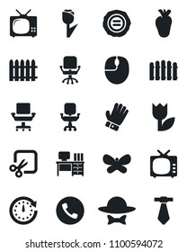 Set of vector isolated black icon - phone vector, office chair, mouse, desk, stamp, fence, glove, butterfly, real heart, tulip, tv, cut, dress code, clock, tie