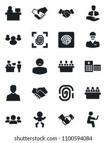 Set of vector isolated black icon - passport control vector, baby, handshake, meeting, manager place, hospital, doctor, patient, client, group, user, fingerprint id, man with notebook