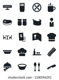 Set of vector isolated black icon - hot cup vector, spoon and fork, cafe, waiter, alcohol, cook hat, wine card, reserved, drink, bacon, salt pepper, restaurant receipt, chicken, steak, bowl, knife