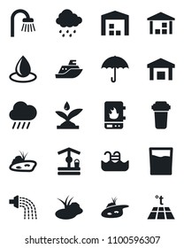 Set of vector isolated black icon - watering vector, water drop, rain, well, pond, sea shipping, umbrella, warehouse, pool, bathroom, drink, irrigation, heater, filter, warm floor