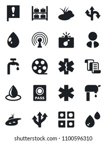 Set of vector isolated black icon - bomb in case vector, passport, luggage storage, contract, water drop, pond, ambulance star, route, important flag, reel, antenna, application, supply