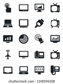 Set of vector isolated black icon - plane radar vector, notebook pc, statistic monitor, pulse, tv, touch screen, laptop, hdmi, statistics, intercome