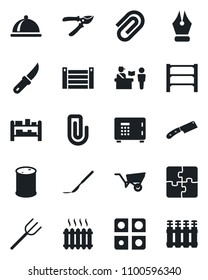 Set of vector isolated black icon - passport control vector, safe, farm fork, wheelbarrow, pruner, garden knife, scalpel, container, oil barrel, rack, application, paper clip, ink pen, heater, dish