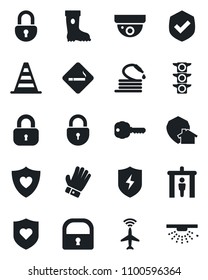 Set of vector isolated black icon - plane radar vector, security gate, smoking place, border cone, lock, glove, boot, hose, heart shield, traffic light, protect, key, home, surveillance, sprinkler