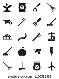 Set of vector isolated black icon - garden fork vector, farm, rake, wheelbarrow, well, hoe, sickle, plant label, pumpkin, greenhouse, fertilizer, irrigation, windmill