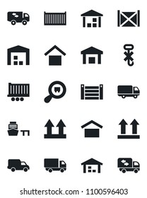 Set of vector isolated black icon - truck trailer vector, cargo container, car delivery, sea port, warehouse storage, up side sign, no hook, search, moving