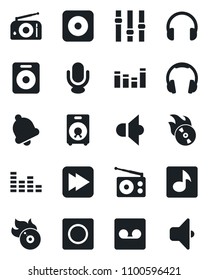 Set of vector isolated black icon - flame disk vector, radio, speaker, settings, equalizer, microphone, headphones, fast forward, rec button, bell, record, music, sound