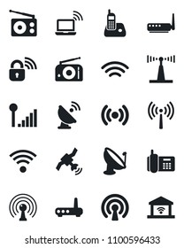 Set of vector isolated black icon - antenna vector, wireless notebook, office phone, satellite, radio, cellular signal, lock, router, garage gate control