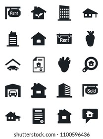 Set of vector isolated black icon - office building vector, house, real heart, contract, with garage, estate document, rent, sold signboard, search, city, eco, home message