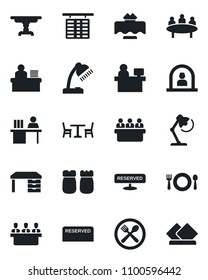 Set of vector isolated black icon - cafe vector, reception, flight table, desk, meeting, manager place, lamp, restaurant, reserved, salt and pepper, serviette