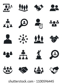 Set of vector isolated black icon - handshake vector, hierarchy, pedestal, team, patient, group, user, company, hr, meeting, client search, consumer