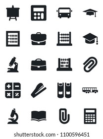 Set of vector isolated black icon - airport bus vector, book, calculator, graduate, abacus, presentation board, microscope, case, paper clip, stapler