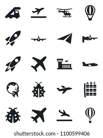 Set of vector isolated black icon - plane vector, departure, arrival, ladder car, boarding, helicopter, seat map, globe, airport building, lady bug, rocket, paper, air balloon