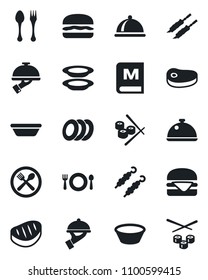 Set of vector isolated black icon - spoon and fork vector, dish, cafe, menu, plates, waiter, steak, kebab, hamburger, bowl, sushi