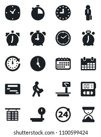 Set of vector isolated black icon - 24 around vector, alarm clock, flight table, calendar, heavy scales, stopwatch, manager, schedule, sand