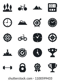 Set of vector isolated black icon - pedestal vector, medal, barbell, bike, heavy, clock, stopwatch, target, mountains, award cup