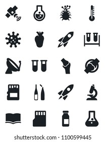 Set of vector isolated black icon - satellite antenna vector, book, blood test vial, microscope, ampoule, real heart, joint, virus, sd, thermometer, rocket, flask