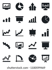 Set of vector isolated black icon - growth statistic vector, presentation board, crisis graph, monitor, circle chart, statistics, bar, pie, point, arrow up