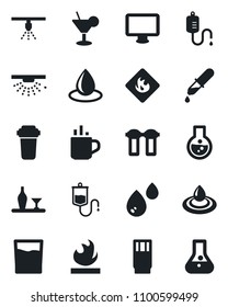 Set of vector isolated black icon - hot cup vector, water drop, dropper, flammable, monitor, alcohol, drink, cocktail, filter, sprinkler, flask