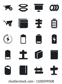 Set of vector isolated black icon - signpost vector, notepad, presentation board, wheelbarrow, battery, low, charge, blank box, plates, guidepost