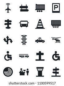 Set of vector isolated black icon - airport tower vector, plane radar, bus, parking, passport control, signpost, alarm car, border cone, helicopter, disabled, route, traffic light, truck trailer