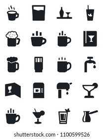 Set of vector isolated black icon - hot cup vector, coffee machine, water supply, alcohol, wine card, drink, cocktail, phyto bar, beer, turkish