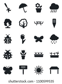 Set of vector isolated black icon - umbrella vector, sun, flower in pot, tree, butterfly, lady bug, seedling, rain, plant label, picnic table, ripper, tulip
