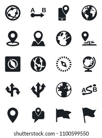 Set of vector isolated black icon - globe vector, route, navigation, earth, pin, mobile tracking, network, place tag, compass, flag