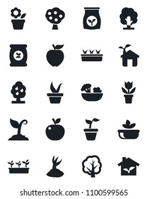 Set of vector isolated black icon - flower in pot vector, seedling, tree, sproute, fertilizer, fruit, salad, apple, eco house