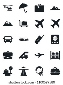 Set of vector isolated black icon - plane vector, runway, suitcase, baggage trolley, airport bus, umbrella, passport, ladder car, helicopter, luggage storage, scales, globe, mountains, case