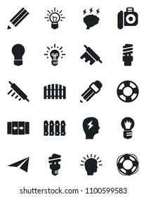Set of vector isolated black icon - automatic door vector, brainstorm, bulb, camera, pencil, fence, rolling pin, energy saving, shining head, idea, paper plane, crisis management