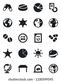 Set of vector isolated black icon - no laptop vector, ticket office, globe, document reload, pills, diet, earth, pie graph, table, police, alarm led