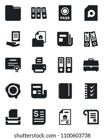 Set of vector isolated black icon - passport vector, office binder, notepad, document, stamp, printer, receipt, news, folder, case, search, checklist, paper, tray, estate, certificate, contract