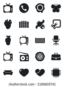Set of vector isolated black icon - phone vector, tv, office chair, case, stamp, fence, butterfly, real heart, satellite, cargo container, radio, cut, cushioned furniture, chip