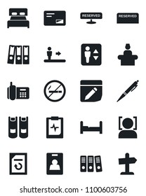Set of vector isolated black icon - elevator vector, escalator, no smoking, reception, book, document reload, pulse clipboard, office phone, mail, notes, face id, identity card, paper binder, pen