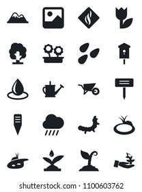 Set of vector isolated black icon - tree vector, watering can, wheelbarrow, sproute, water drop, rain, plant label, seeds, caterpillar, pond, bird house, tulip, gallery, mountains, flower in pot