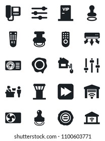 Set of vector isolated black icon - airport tower vector, passport control, stamp, remote, fast forward, tuning, air conditioner, vip zone, home, intercome, garage gate