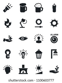 Set of vector isolated black icon - bulb vector, fire, sun, garden light, eye, torch, brightness, desk lamp, fireplace, beer, candle, outdoor, alarm led, palm sproute, shining head, idea