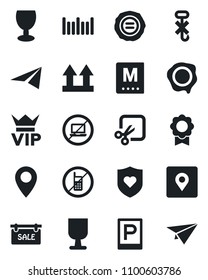 Set of vector isolated black icon - parking vector, no mobile, laptop, vip, stamp, heart shield, pin, fragile, up side sign, hook, barcode, cut, place tag, sertificate, sale, menu, paper plane