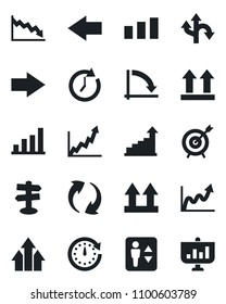Set of vector isolated black icon - elevator vector, right arrow, left, growth statistic, crisis graph, route, signpost, up side sign, sorting, update, bar, target, clock, presentation