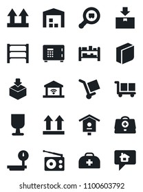 Set of vector isolated black icon - safe vector, bird house, doctor case, fragile, cargo, up side sign, package, heavy scales, search, rack, radio, blank box, warehouse, garage gate control