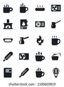 Set of vector isolated black icon - hot cup vector, coffee, fire, thermometer, fireplace, air conditioner, bread, dog, steaming pan, turkish, water heater, balloon
