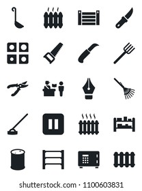 Set of vector isolated black icon - passport control vector, safe, farm fork, rake, pruner, saw, hoe, garden knife, container, oil barrel, rack, pause button, application, ink pen, heater, ladle