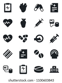 Set of vector isolated black icon - heart pulse vector, diagnosis, syringe, blood pressure, pills, blister, tomography, real, clipboard, hospital