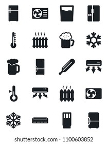 Set of vector isolated black icon - thermometer vector, heater, air conditioner, fridge, drink, beer, snowflake