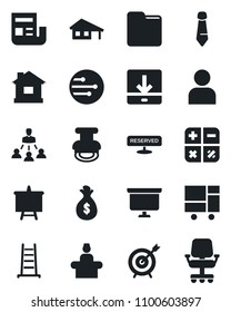 Set of vector isolated black icon - reception vector, calculator, tie, presentation board, ladder, house, consolidated cargo, user, network, folder, download, news, hierarchy, stamp, with garage